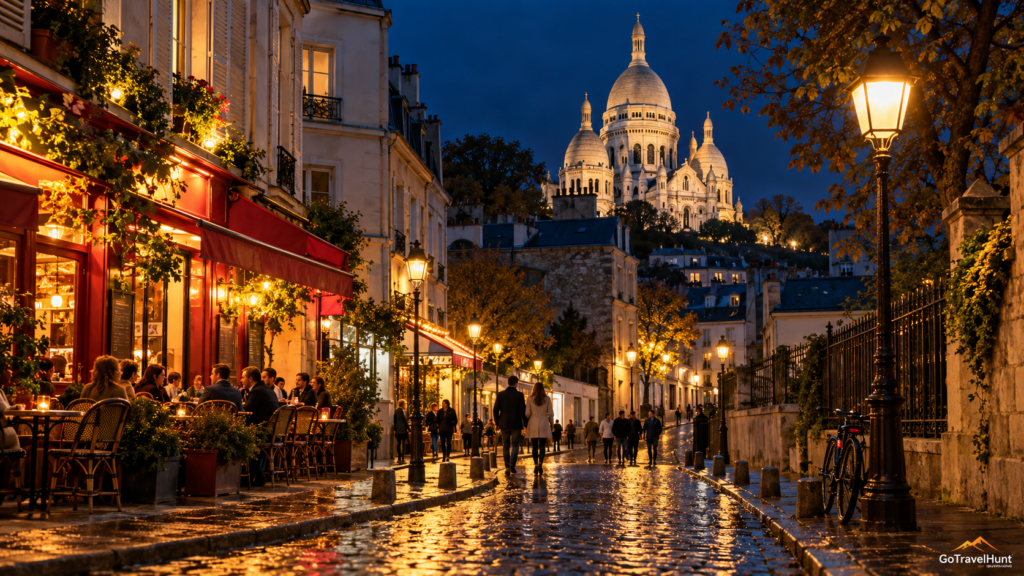 Montmartre street and Sacrรฉ-Cลur illuminated at night in Paris