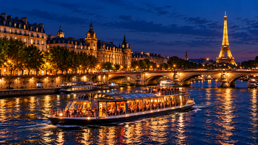 Seine River cruise with illuminated Paris landmarks at night
