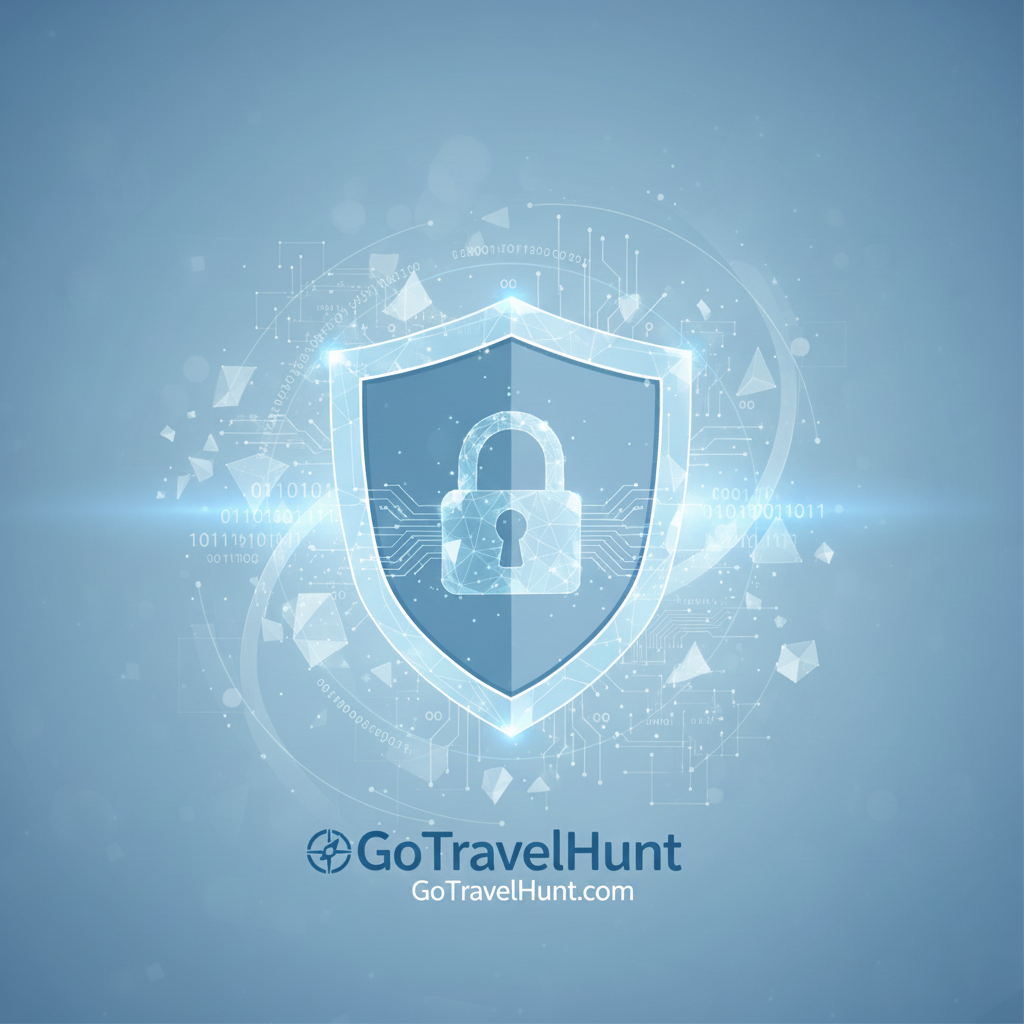 Privacy policy image with shield and lock, featuring GoTravelHunt logo and digital security elements