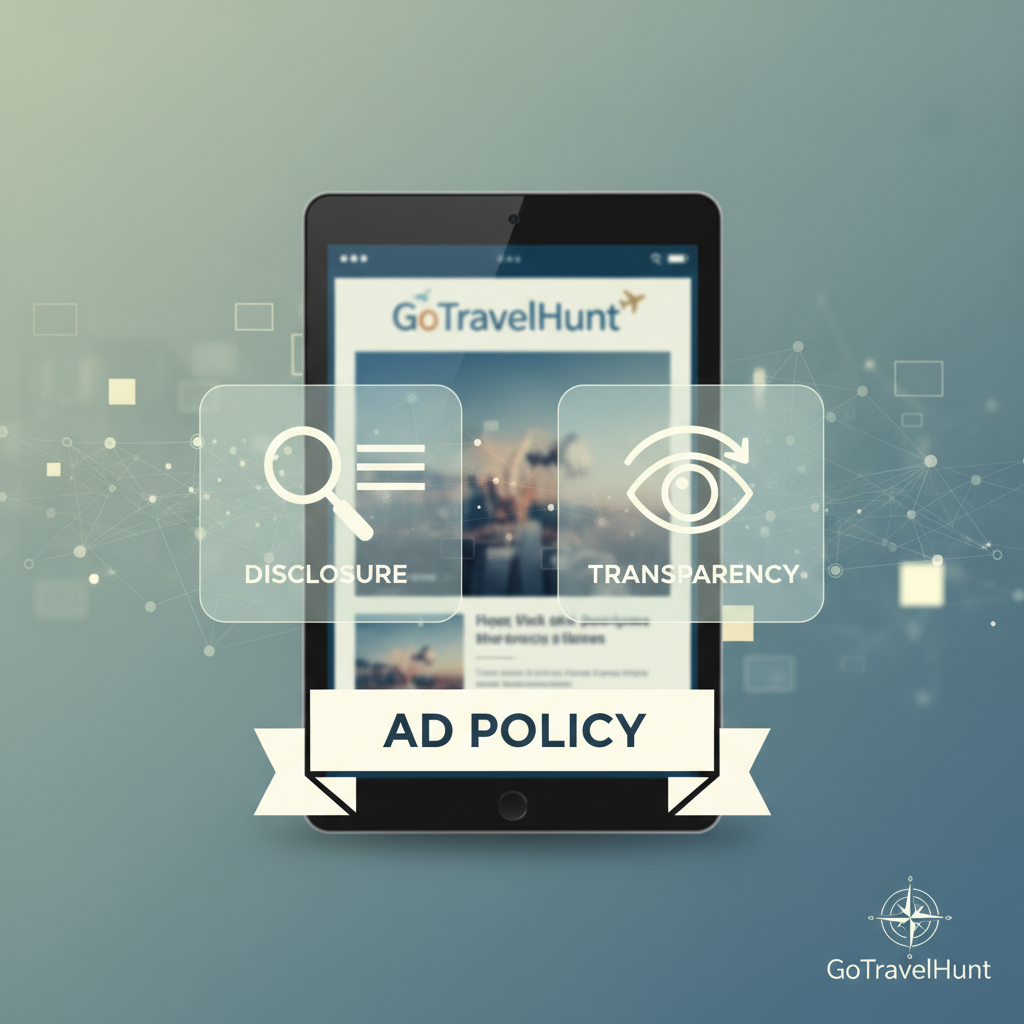 Digital advertising and transparency icons representing ad policy and disclosure with GoTravelHunt branding