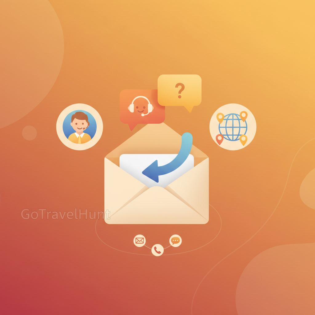 Contact us themed image with envelope, speech bubbles, and customer support icons featuring GoTravelHunt branding