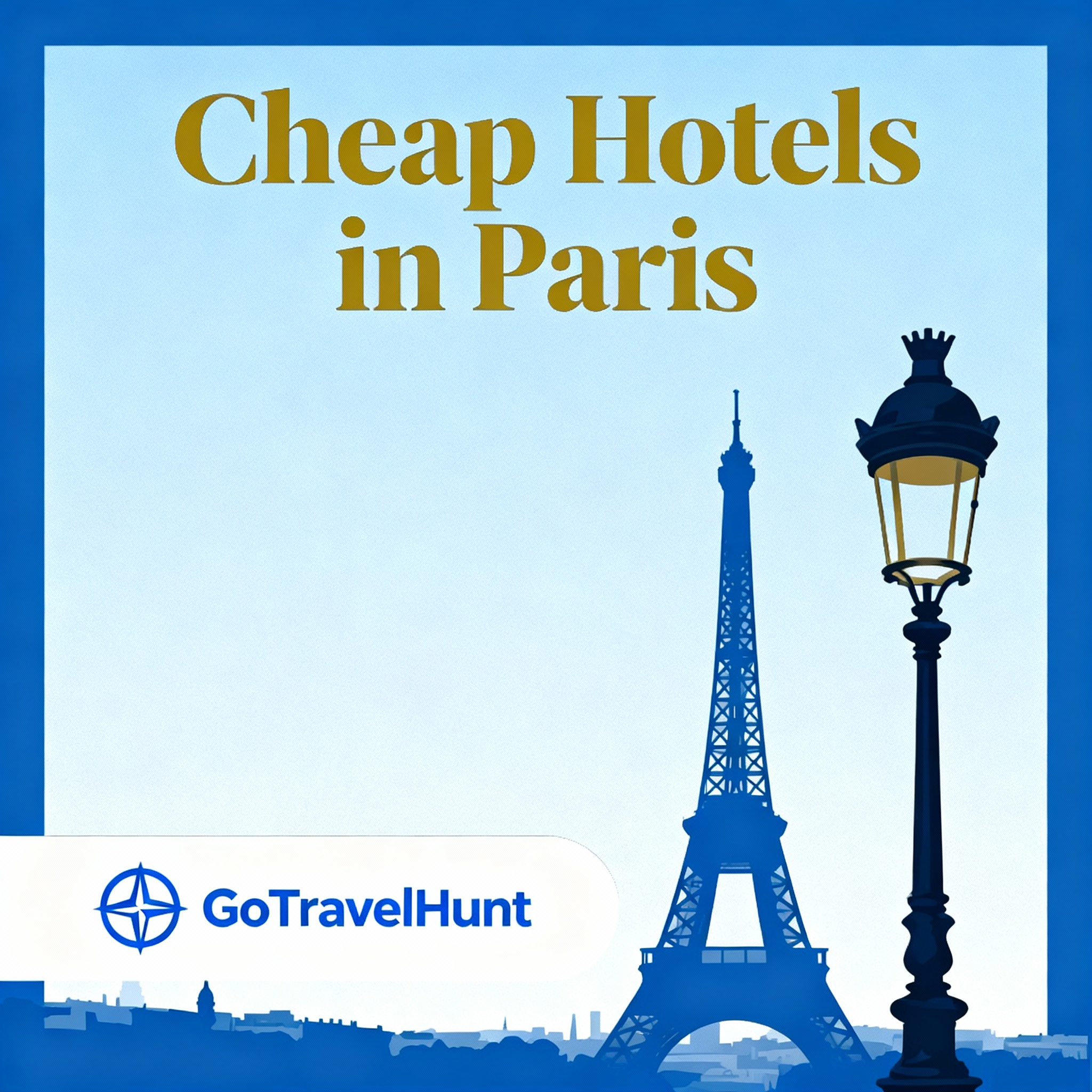 Featured image showing the GoTravelHunt logo with a stylish blue and gold theme and Paris Eiffel Tower elements, representing cheap hotels in Paris.