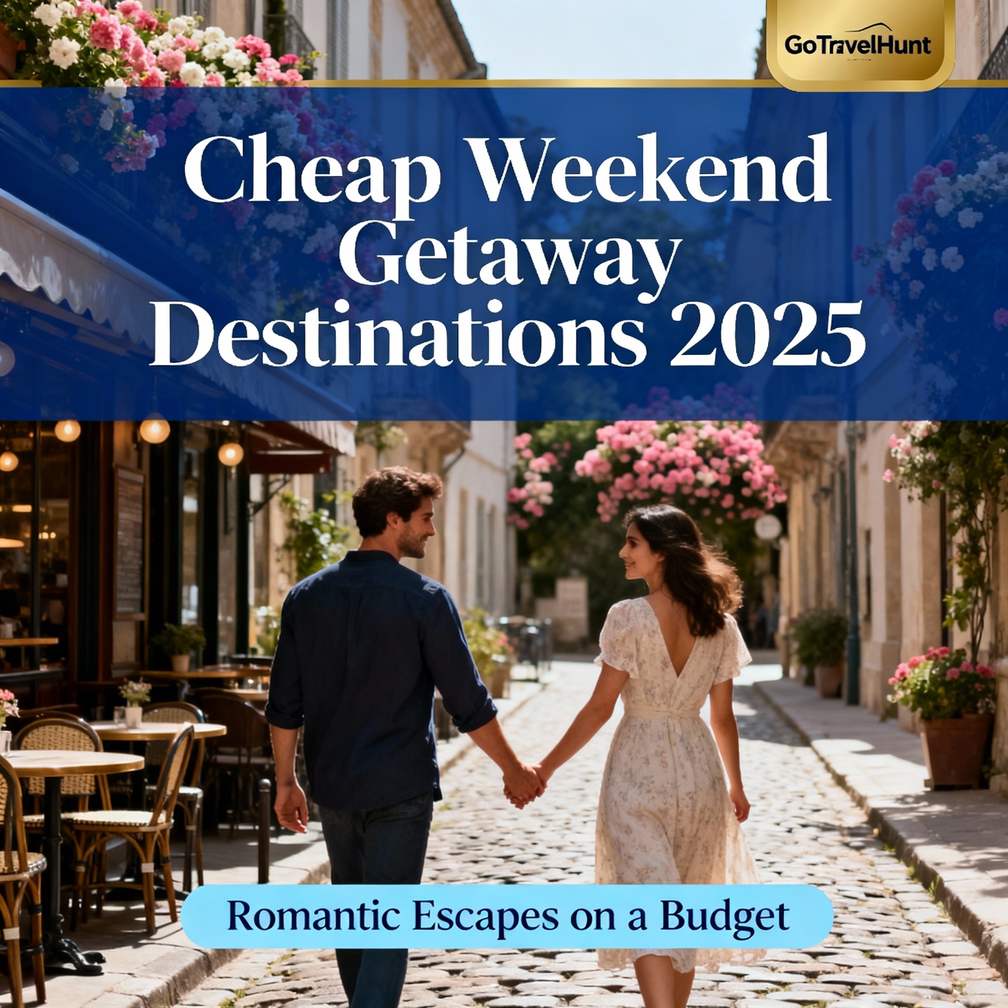 Featured image illustrating cheap weekend getaway destinations with a romantic theme, including the GoTravelHunt logo, blue and gold color scheme, and travel-related symbols.