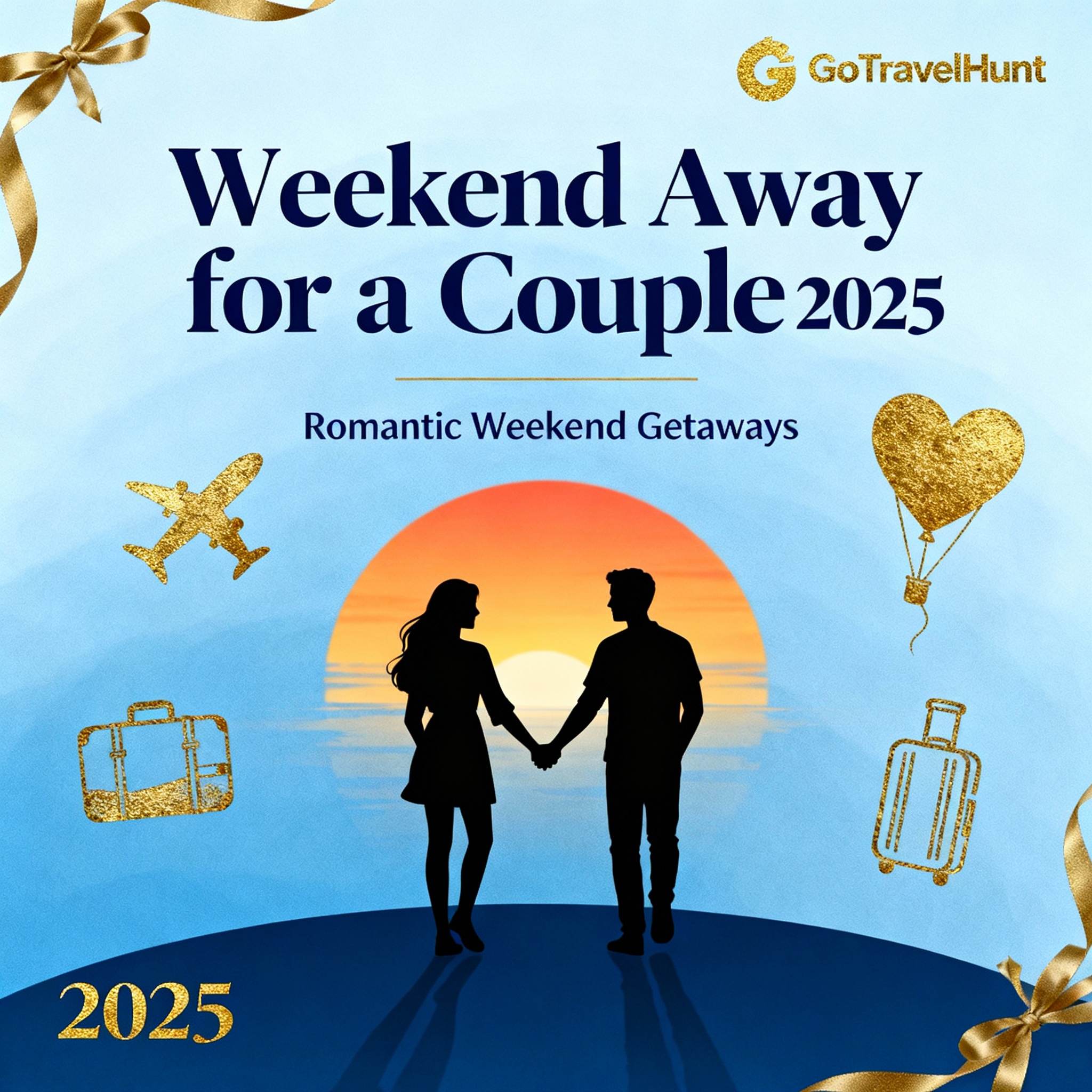 Romantic weekend getaway featured image with GoTravelHunt logo, blue and gold theme, and text "Weekend Away for a Couple 2025".