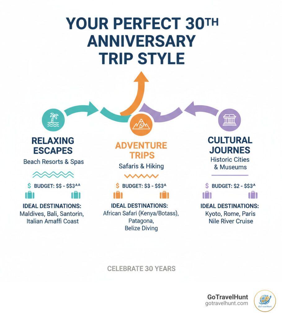 infographic showing how to choose your perfect 30th anniversary trip style with three pathways: relaxing escapes featuring beach resorts and spas, adventure trips including safaris and hiking, and cultural journeys with historic cities and museums, each with budget ranges and ideal destinations - 30 year anniversary trip ideas infographic 