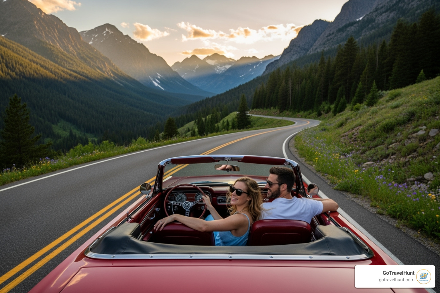 a couple enjoying a scenic drive through a national park in a classic car - 30 year anniversary trip ideas