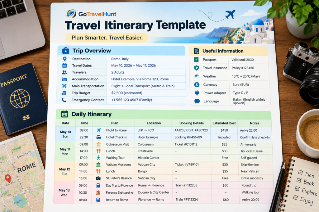 Travel itinerary template with trip overview and daily schedule