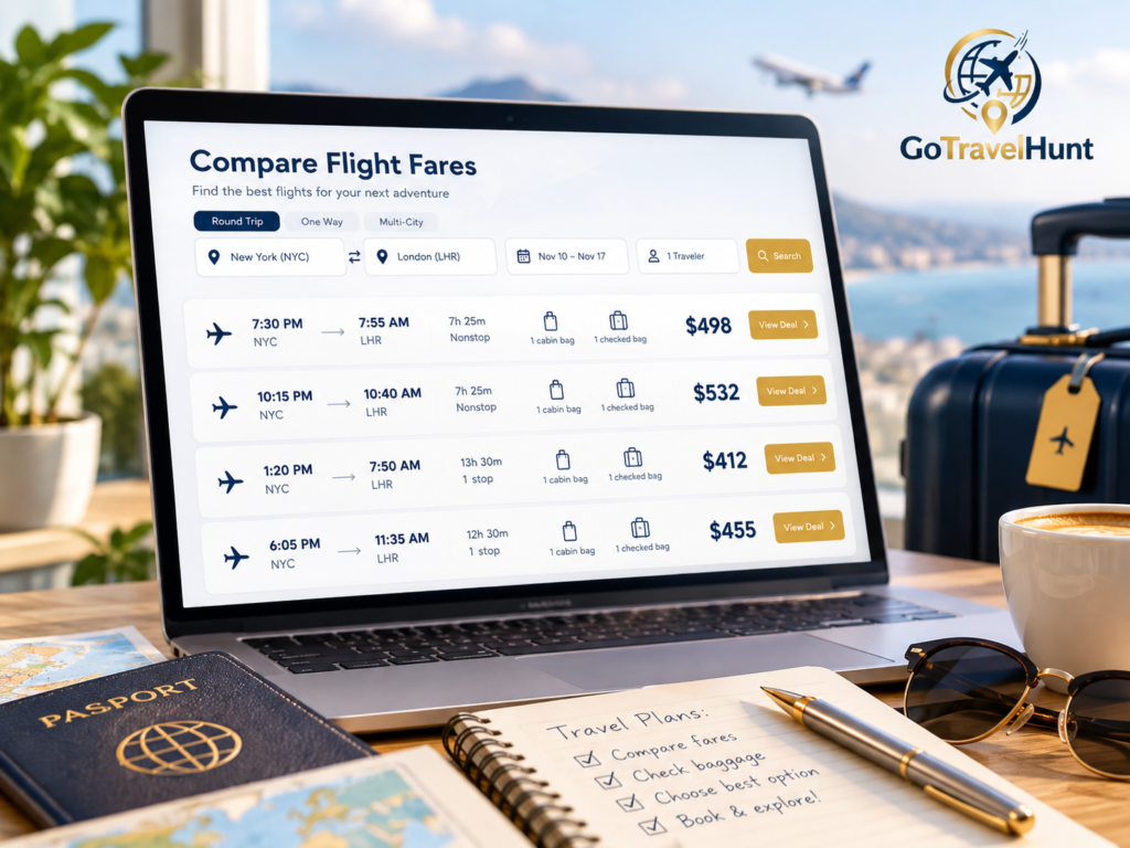 Comparing flight fares, travel times, stops, and baggage options