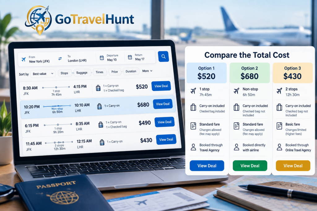 Comparing total flight cost including stops, baggage, and fare conditions